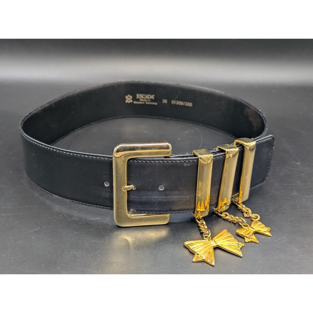 Rare Vtg ESCADA x MCM Leather Belt Gold Bow Dangle Made in Western Germany 36